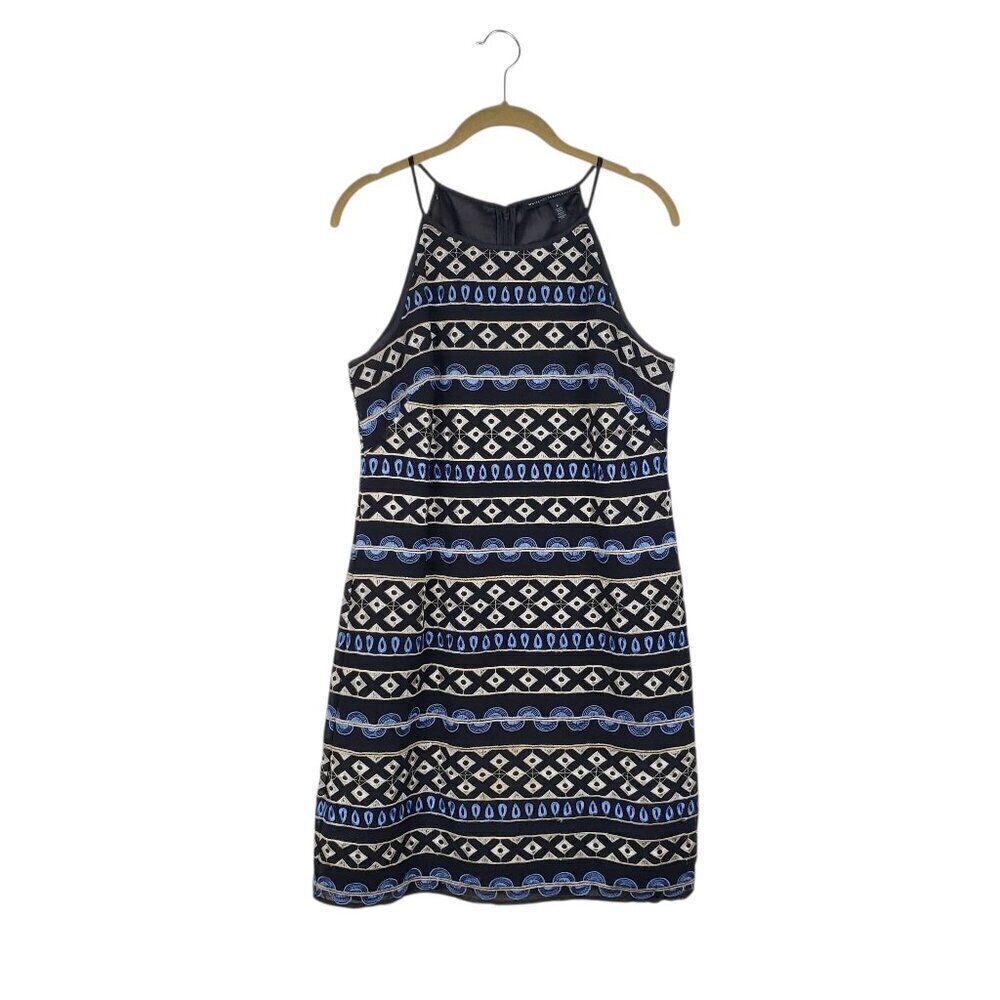 White House Black Market Embroidered Dress Blue Black Stripe Halter Sheath 8